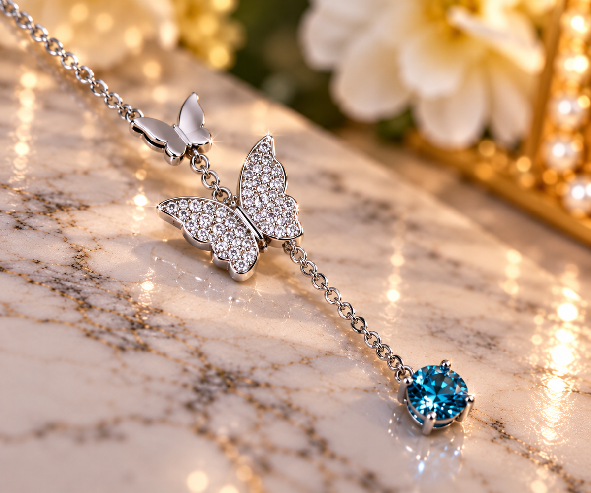 #134-1CTW Blue Topaz Color Moissanite Butterfly Lariat Y-Necklace – .925 Sterling Silver