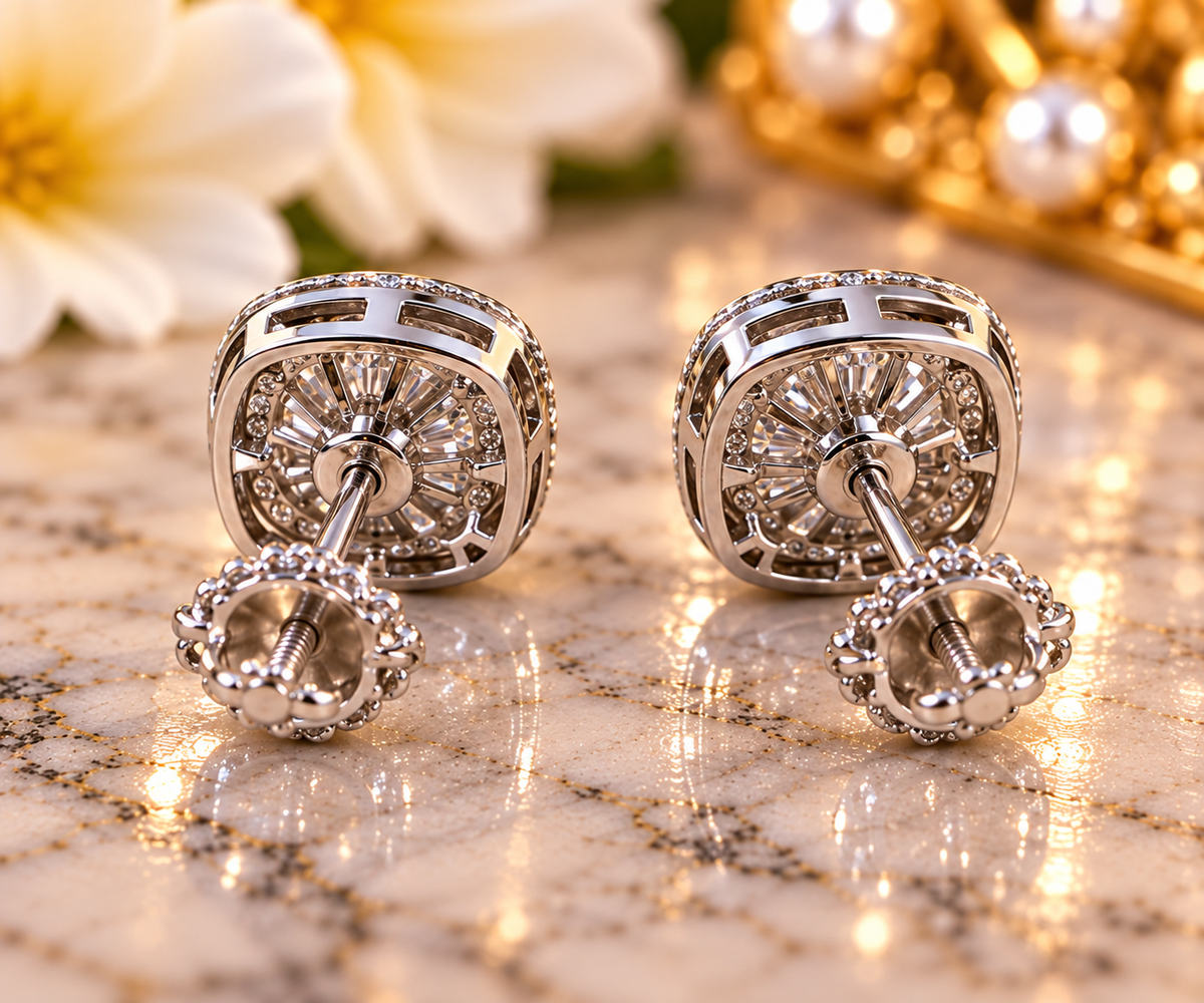 #124- 1.00 CTW VVS Moissanite Cushion Halo Stud Earrings – .925 Sterling Silver