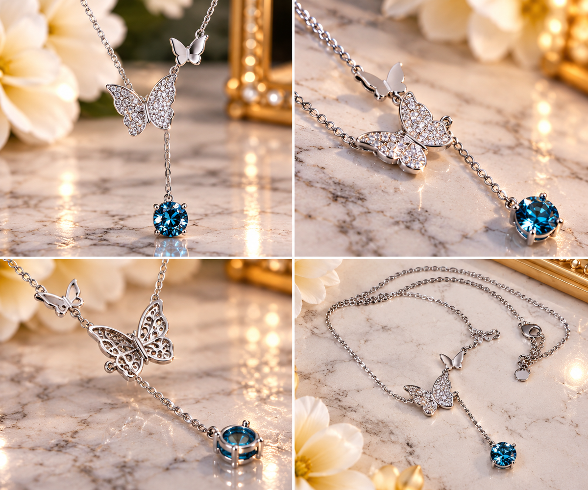 #134-1CTW Blue Topaz Color Moissanite Butterfly Lariat Y-Necklace – .925 Sterling Silver