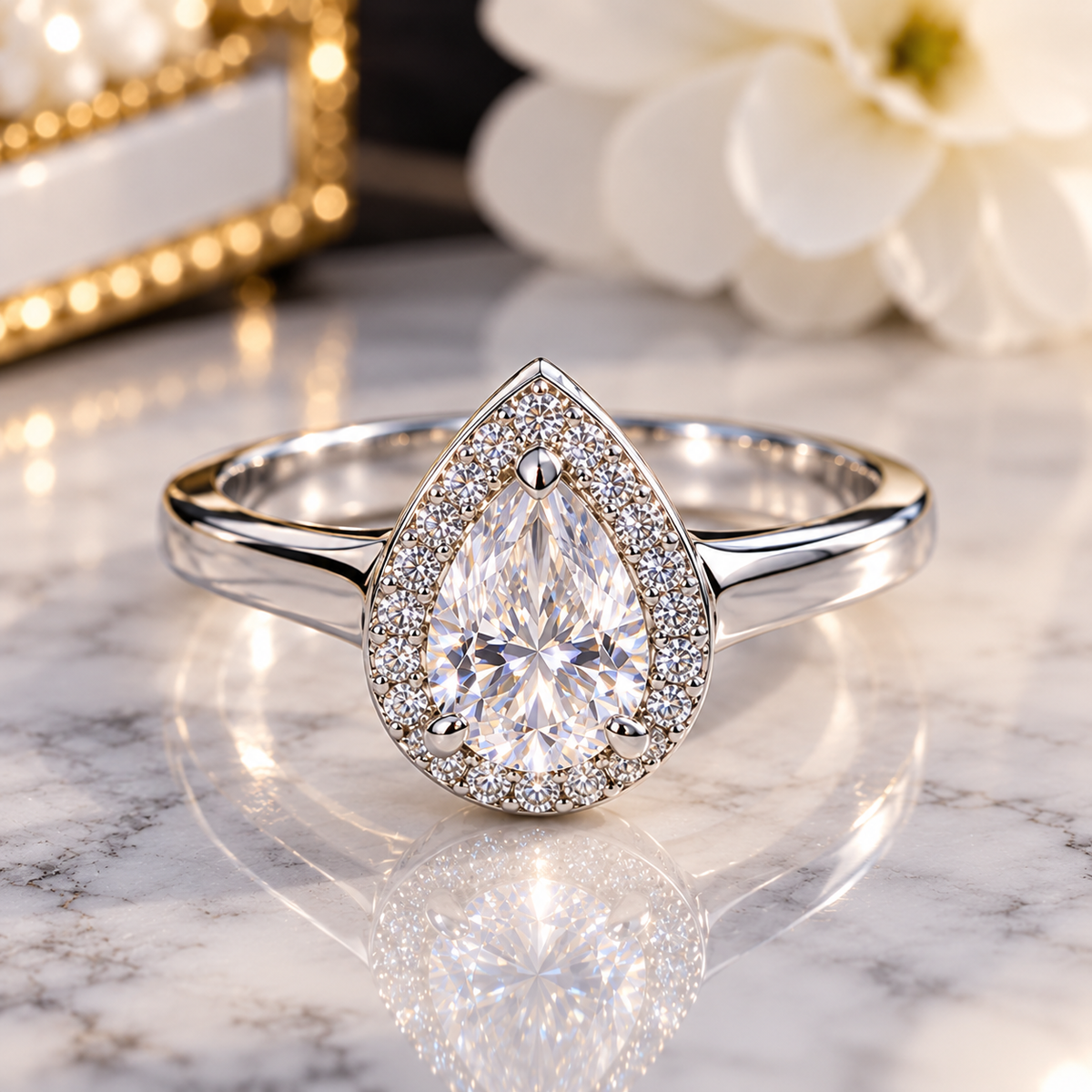#505 - 1.23 CTW VVS D Color Pear-Cut Moissanite Halo Ring – .925 Sterling Silver – Size 8