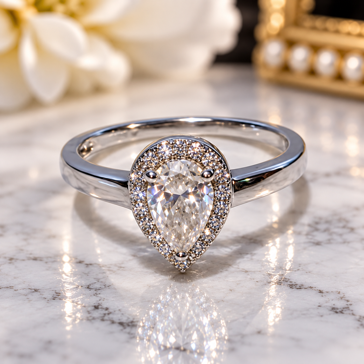 #505 - 1.23 CTW VVS D Color Pear-Cut Moissanite Halo Ring – .925 Sterling Silver – Size 8
