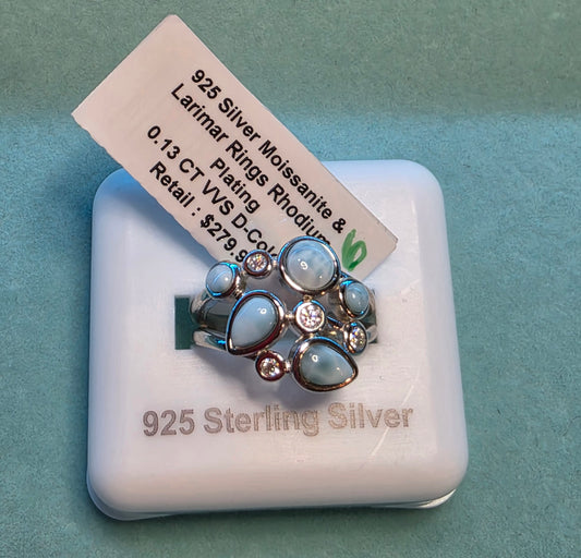 45 Larimar & .13ctw Moissanite Sz 6 Ring .925 Rhodium Plated