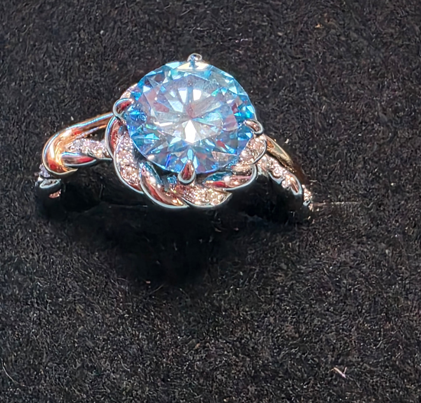 120 18K WG w/RG accent Plated over .925 Sterling Silver Sz 8 3ctw Aqua Blue Moissanite Limited Edition Ring