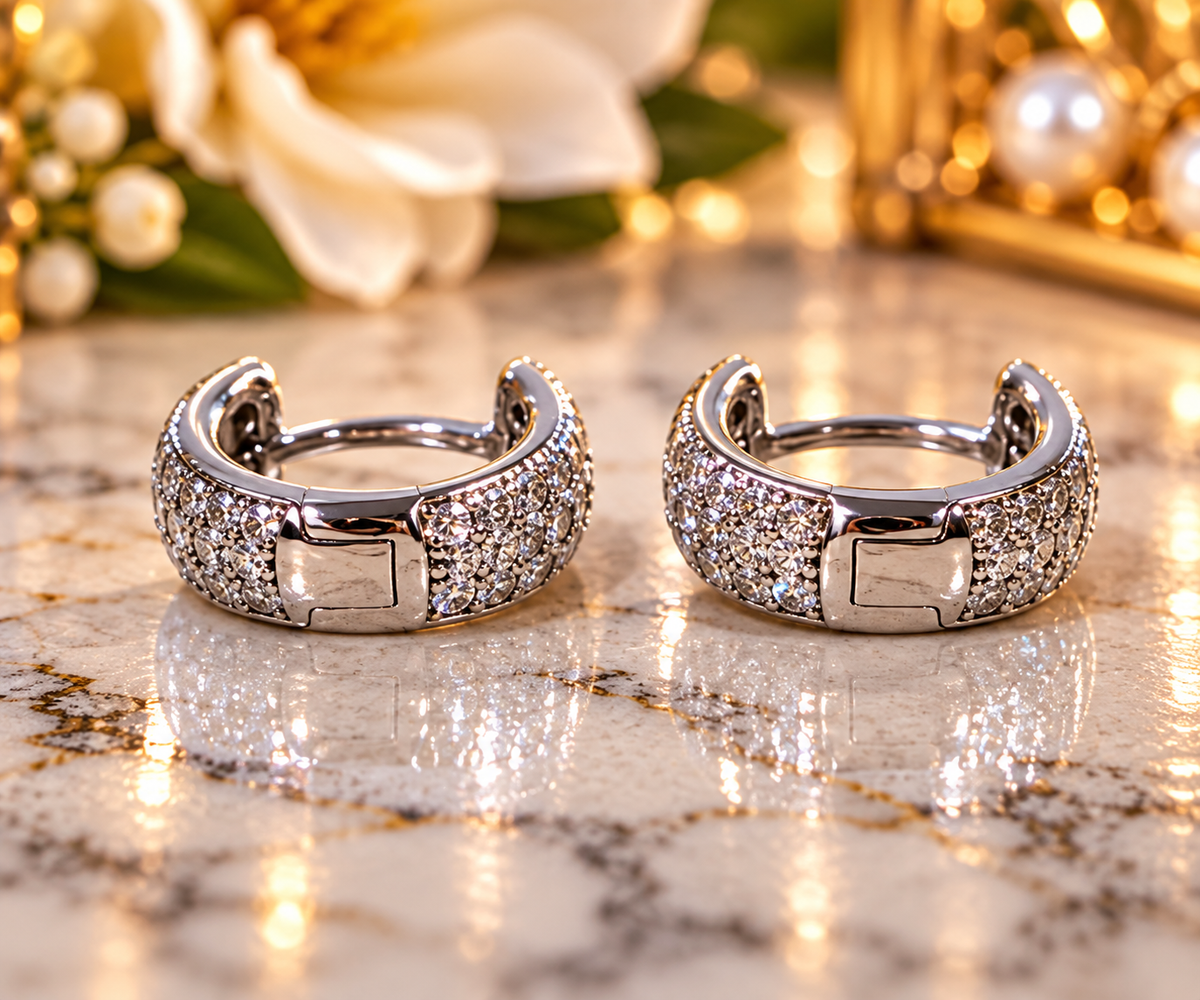 #1158- 0.56 CTW Moissanite Pavé Huggie Hoop Earrings – .925 Sterling Silver