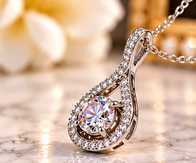 #1142- 1 CTW VVS Iridescent Yellow Moissanite Halo Pendant – .925 Sterling Silver