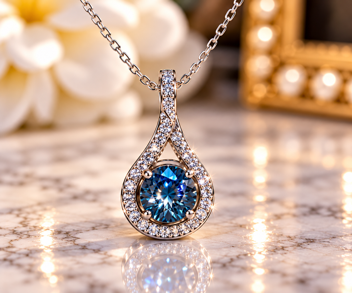 #1143-1 CTW Light Blue VVS Moissanite Infinity Halo Pendant – .925 Sterling Silver