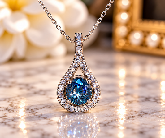 #1143-1 CTW Light Blue VVS Moissanite Infinity Halo Pendant – .925 Sterling Silver