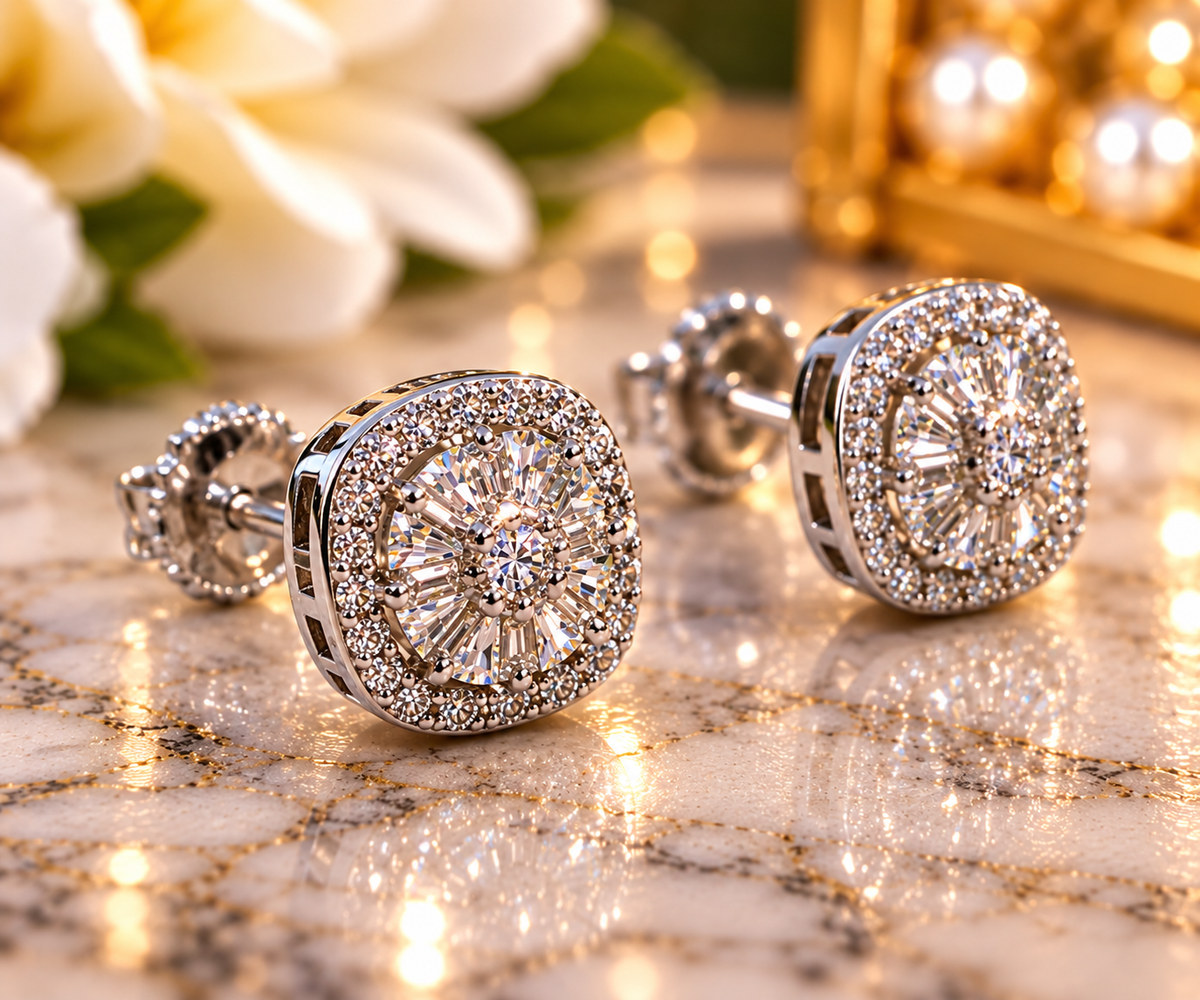 #124- 1.00 CTW VVS Moissanite Cushion Halo Stud Earrings – .925 Sterling Silver